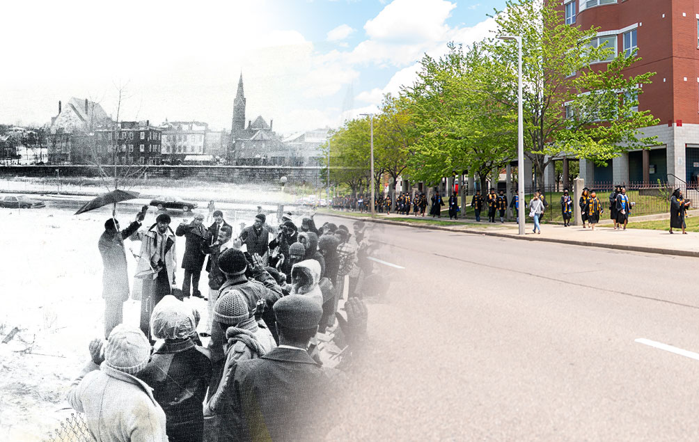 Roxbury Community College at the beginning (before campus construction at 1234 Columbus Avenue) and during a recent Commencement