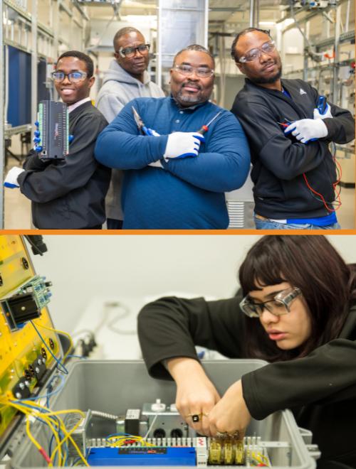 Center for Smart Building Technology Students posing together (upper picture) and a student working on a project in the SBT lab (lower picture)